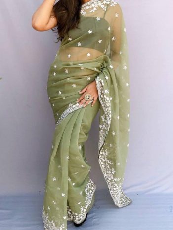 DESIGNER ORGANZA SILK  EMBROIDERY WORK SAREE WITH UNSTITCHED BLOUSE MINT
