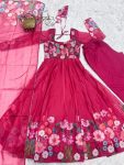 DESIGNER ORGANZA SILK PRINT WORK WITH ZARI FLOWER OUTING WORK GOWN PANT WITH DUPATTA PARTY WEAR WHOLESALE PRICE ETHNIC GARMENT (25)