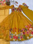 DESIGNER ORGANZA SILK PRINT WORK WITH ZARI FLOWER OUTING WORK GOWN PANT WITH DUPATTA PARTY WEAR WHOLESALE PRICE ETHNIC GARMENT (4)