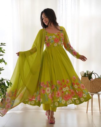 DESIGNER ORGANZA SILK PRINT WORK WITH ZARI FLOWER OUTING WORK GOWN PANT WITH DUPATTA LEMON
