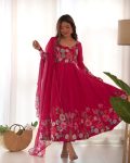 DESIGNER ORGANZA SILK PRINT WORK WITH ZARI FLOWER OUTING WORK GOWN PANT WITH DUPATTA PINK