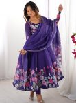 DESIGNER ORGANZA SILK PRINT WORK WITH ZARI FLOWER OUTING WORK GOWN PANT WITH DUPATTA PURPLE