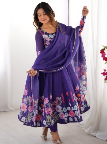 DESIGNER ORGANZA SILK PRINT WORK WITH ZARI FLOWER OUTING WORK GOWN PANT WITH DUPATTA PURPLE
