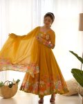 DESIGNER ORGANZA SILK PRINT WORK WITH ZARI FLOWER OUTING WORK GOWN PANT WITH DUPATTA MUSTARD