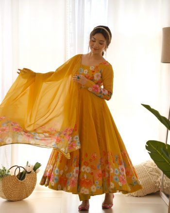 DESIGNER ORGANZA SILK PRINT WORK WITH ZARI FLOWER OUTING WORK GOWN PANT WITH DUPATTA MUSTARD