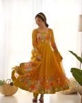 DESIGNER ORGANZA SILK PRINT WORK WITH ZARI FLOWER OUTING WORK GOWN PANT WITH DUPATTA PARTY WEAR WHOLESALE PRICE ETHNIC GARMENT (4)