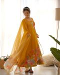 DESIGNER ORGANZA SILK PRINT WORK WITH ZARI FLOWER OUTING WORK GOWN PANT WITH DUPATTA PARTY WEAR WHOLESALE PRICE ETHNIC GARMENT (4)
