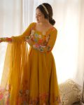 DESIGNER ORGANZA SILK PRINT WORK WITH ZARI FLOWER OUTING WORK GOWN PANT WITH DUPATTA PARTY WEAR WHOLESALE PRICE ETHNIC GARMENT (4)