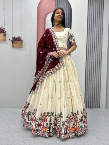 DESIGNER PURE COTTON EMBROIDERY CHAIN WORK LEHENGA CHOLI WITH DUPATTA  MAROON