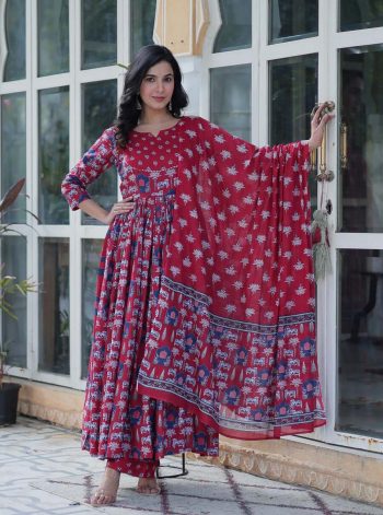 DESIGNER PURE COTTON PRINTED NAYRA CUT KURTI BOTTOM WITH DUPATTA RED