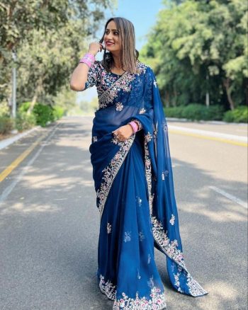 DESIGNER RANGOLI SILK EMBROIDERY WORK SAREE WITH UNSTITCHED BLOUSE BLUE