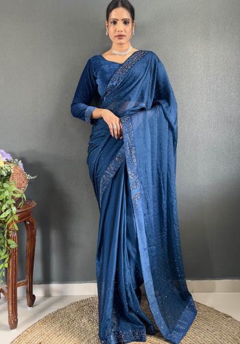DESIGNER RANGOLI SILK STONE WORK READY TO WEAR SAREE WITH STITCHED BLOUSE TEAL