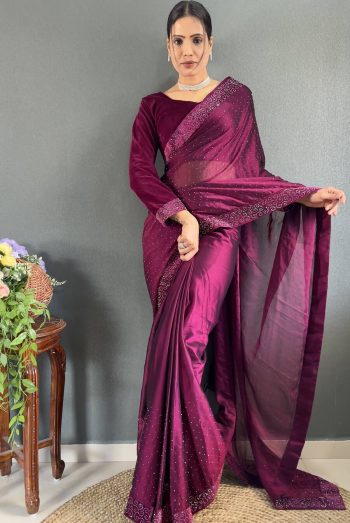 DESIGNER RANGOLI SILK STONE WORK READY TO WEAR SAREE WITH STITCHED BLOUSE WINE