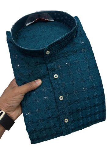 DESIGNER RAYON CHIKANKARI SEQUENCE THREAD EMBROIDERY WORK MEN'S KURTA WITH PAYJAMA RAMA