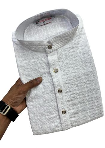DESIGNER RAYON CHIKANKARI SEQUENCE THREAD EMBROIDERY WORK MEN'S KURTA WITH PAYJAMA WHITE