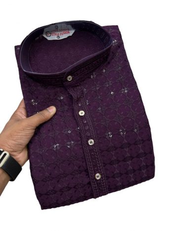 DESIGNER RAYON CHIKANKARI SEQUENCE THREAD EMBROIDERY WORK MEN'S KURTA WITH PAYJAMA WINE