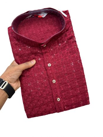 DESIGNER RAYON CHIKANKARI SEQUENCE THREAD EMBROIDERY WORK MEN'S KURTA WITH PAYJAMA MAROON