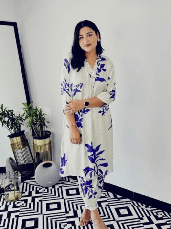 DESIGNER RAYON COTTON DIGITAL PRINTED TOP PENT SET WHITE