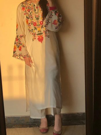 DESIGNER ROMAN SILK COTTON THREAD EMBROIDERY WORK TOP BOTTOM SET WHITE
