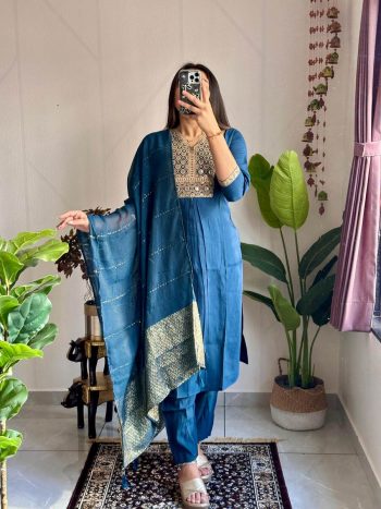 DESIGNER ROMAN SILK EMBROIDERY SEQUENCE WORK TOP BOTTOM WITH DUPATTA BLUE