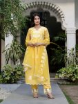 DESIGNER ROMAN SILK EMBROIDERY THREAD WORK TOP BOTTOM WITH DUPATTA YELLOW