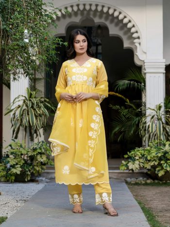 DESIGNER ROMAN SILK EMBROIDERY THREAD WORK TOP BOTTOM WITH DUPATTA YELLOW