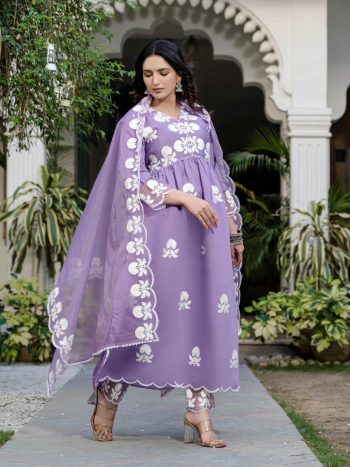 DESIGNER ROMAN SILK EMBROIDERY THREAD WORK TOP BOTTOM WITH DUPATTA LAVENDER
