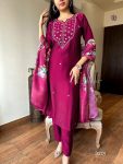 DESIGNER ROMAN SILK EMBROIDERY WORK TOP BOTTOM WITH DUPATTA MAROON