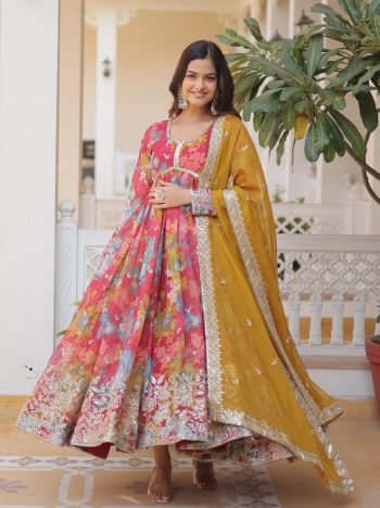 DESIGNER RUSSIAN SILK DIGITAL PRINTED EMBROIDERY SEQUENCE WORK GOWN WITH DUPATTA RED