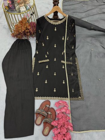 DESIGNER SATIN EMBROIDERY LACE WORK TOP PATIYALA WITH DUPATTA BLACK