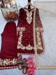 DESIGNER SEQUENCE AND ZARI EMBROIDERY WITH PEARL AND DIAMOND HANDWORK TOP PALAZZO WITH DUPATTA  MAROON