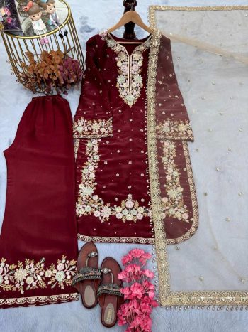 DESIGNER SEQUENCE AND ZARI EMBROIDERY WITH PEARL AND DIAMOND HANDWORK TOP PALAZZO WITH DUPATTA  MAROON