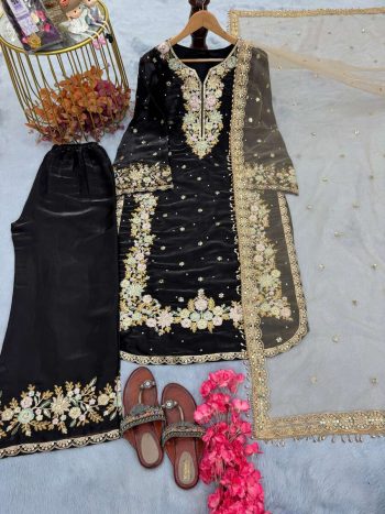 DESIGNER SEQUENCE AND ZARI EMBROIDERY WITH PEARL AND DIAMOND HANDWORK TOP PALAZZO WITH DUPATTA BLACK