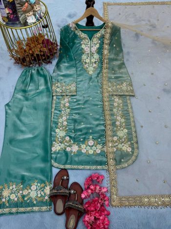 DESIGNER SEQUENCE AND ZARI EMBROIDERY WITH PEARL AND DIAMOND HANDWORK TOP PALAZZO WITH DUPATTA SKY