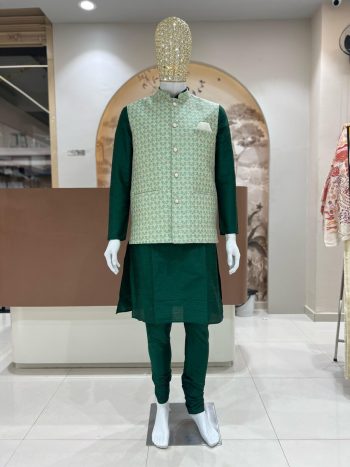 DESIGNER SILK JACQUARD MEN'S KURTA PAYJAMA WITH KOTI  GREEN