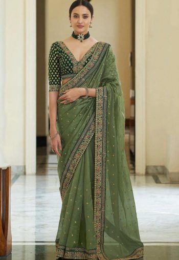 DESIGNER SOFT ORGANZA EMBROIDERY WORK WITH LACE WORK SAREE WITH UNSTITCHED BLOUSE PISTA