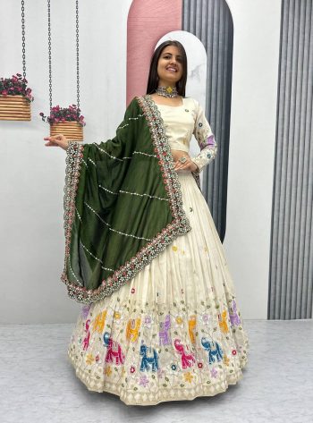 DESIGNER TISSUE SILK THREAD AND SEQUENCE WORK LEHENGA CHOLI WITH DUPATTA GREEN