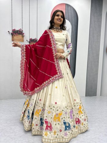 DESIGNER TISSUE SILK THREAD AND SEQUENCE WORK LEHENGA CHOLI WITH DUPATTA RED