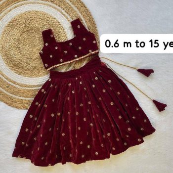 DESIGNER VELVET SEQUENCE EMBROIDERY KID'S LEHENGA CHOLI MAROON