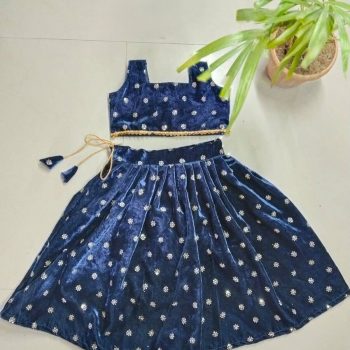 DESIGNER VELVET SEQUENCE EMBROIDERY KID'S LEHENGA CHOLI BLUE