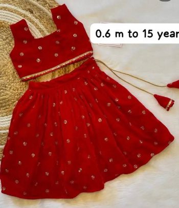 DESIGNER VELVET SEQUENCE EMBROIDERY KID'S LEHENGA CHOLI RED