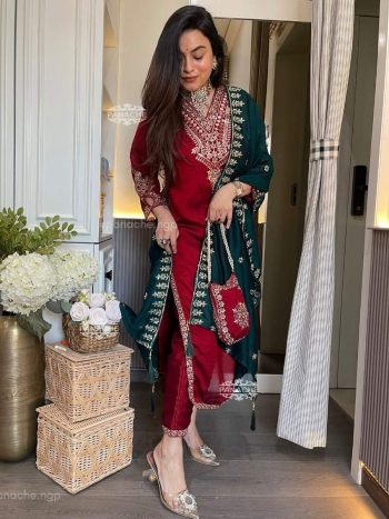 DESIGNER VICHITRA SILK EMBROIDERY AND SEQUENCE WORK TOP BOTTOM WITH DUPATTA  RED