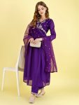DESIGNER VICHITRA SILK EMBROIDERY WORK ALIA CUT TOP BOTTOM WITH DUPATTA PURPLE