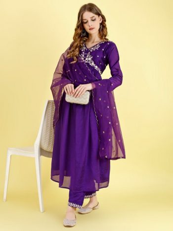 DESIGNER VICHITRA SILK EMBROIDERY WORK ALIA CUT TOP BOTTOM WITH DUPATTA PURPLE