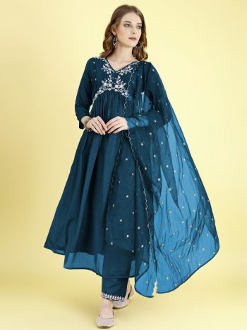 DESIGNER VICHITRA SILK EMBROIDERY WORK ALIA CUT TOP BOTTOM WITH DUPATTA  RAMA