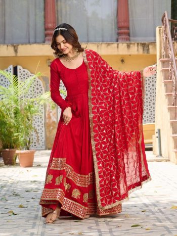 DESIGNER VICHITRA SILK SEQUENCE EMBROIDERY WORK GOWN WITH DUPATTA RED
