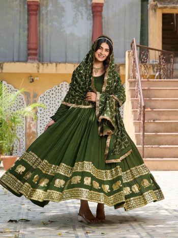 DESIGNER VICHITRA SILK SEQUENCE EMBROIDERY WORK GOWN WITH DUPATTA PERROT GREEN
