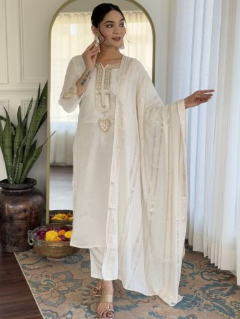 DESIGNER VISCOSE CHANDERI EMBROIDERY WORK TOP BOTTOM WITH DUPATTA WHITE