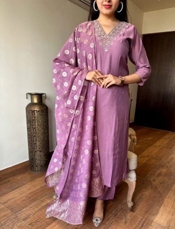 DESIGNER VISCOSE CHANDERI EMBROIDERY WORK TOP BOTTOM WITH DUPATTA  BABY PINK