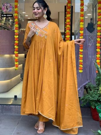 DESIGNER VISCOSE CHANDERI  EMBROIDERY WORK TOP BOTTOM WITH DUPATTA  YELLOW